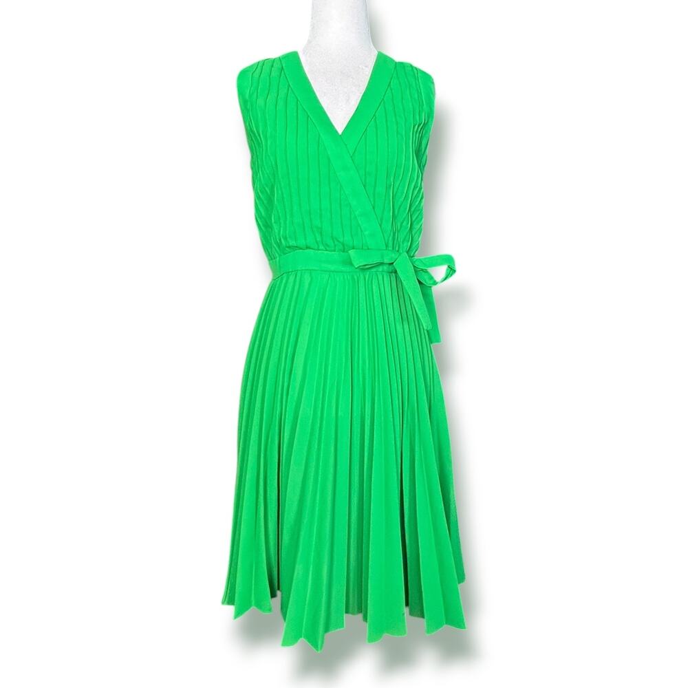 Vintage Green Pleated Wrap Dress Belted Sleeveless Midi Bright‎ Retro Preppy
